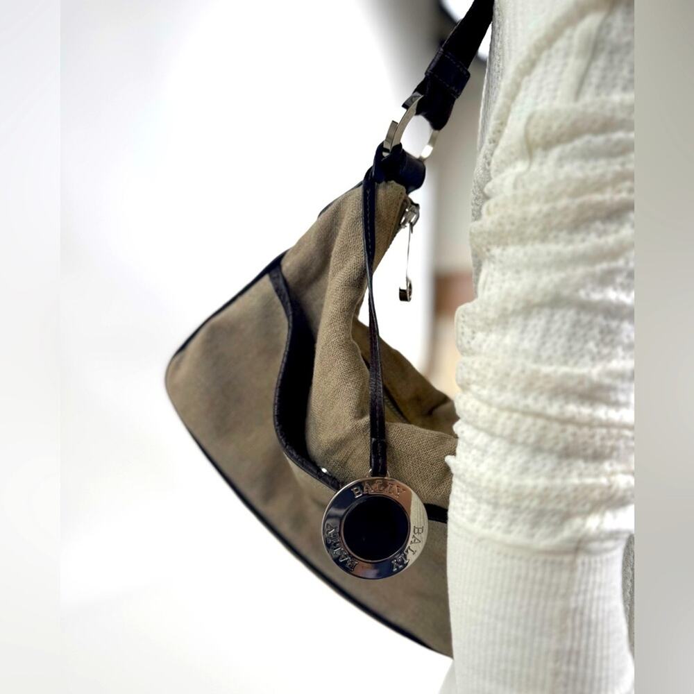 Bally linen shoulder bag /leather piping/web strap and silver Bally purse charm